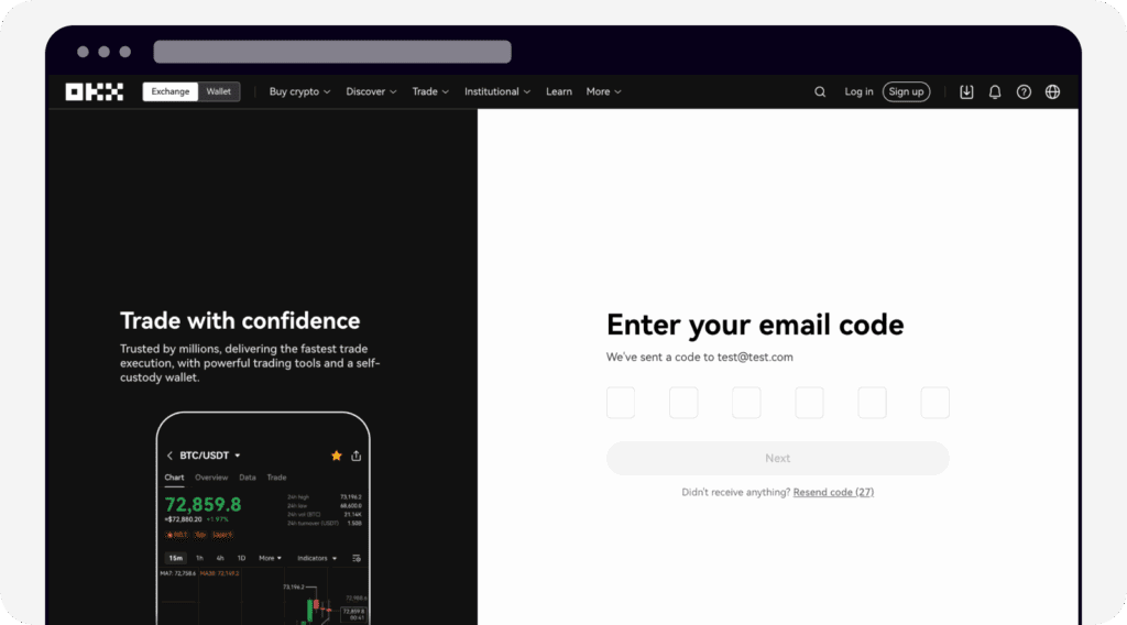Schermafbeelding van het OKX-registratieproces waarbij gebruikers een verificatiecode moeten invoeren die per e-mail is verzonden.