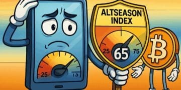 Cartoon van een zorgen makende meter met de Altseason index op 65, terwijl een Bitcoin-figuur sterk op de achtergrond staat.
