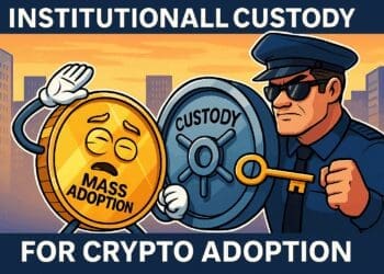 Cartoonstijl illustratie van een crypto-munt met label ‘Mass Adoption’ die beschermd wordt door een beveiliger met sleutel en een grote kluis met ‘Custody’, symbool voor institutionele crypto adoptie.