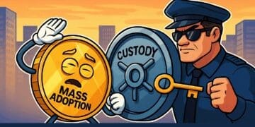 Cartoonstijl illustratie van een crypto-munt met label ‘Mass Adoption’ die beschermd wordt door een beveiliger met sleutel en een grote kluis met ‘Custody’, symbool voor institutionele crypto adoptie.