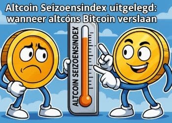 Cartoonillustratie van Bitcoin en een altcoin die samen een thermometer vasthouden met de tekst Altcoin Seizoensindex