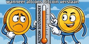 Cartoonillustratie van Bitcoin en een altcoin die samen een thermometer vasthouden met de tekst Altcoin Seizoensindex