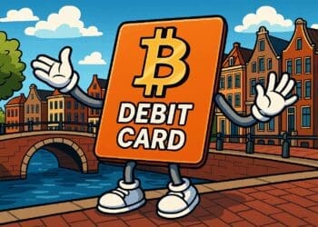 Cartoon van een bitcoin debit card die vrolijk staat bij een Amsterdamse gracht, symbool voor crypto betalen in Nederland.