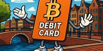 Cartoon van een bitcoin debit card die vrolijk staat bij een Amsterdamse gracht, symbool voor crypto betalen in Nederland.