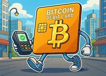 Illustratie van een bitcoin debit card die vrolijk door de stad loopt en afrekent bij een betaalterminal, in cartoonstijl