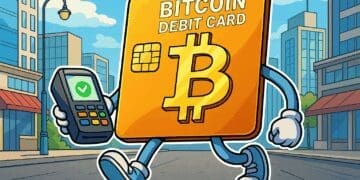 Illustratie van een bitcoin debit card die vrolijk door de stad loopt en afrekent bij een betaalterminal, in cartoonstijl