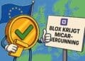Cartoon van een muntfiguur met een EU-vlag en een bord waarop staat: BLOX krijgt MiCAR-vergunning, symbool voor Europese crypto-uitbreiding.