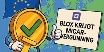 Cartoon van een muntfiguur met een EU-vlag en een bord waarop staat: BLOX krijgt MiCAR-vergunning, symbool voor Europese crypto-uitbreiding.