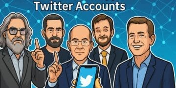 Illustratie in Cointelegraph-stijl van internationale crypto-experts die verbonden zijn via blockchainlijnen rond een smartphone met het Twitter-logo.