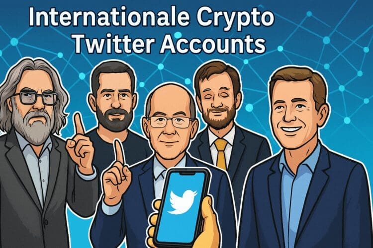 Illustratie in Cointelegraph-stijl van internationale crypto-experts die verbonden zijn via blockchainlijnen rond een smartphone met het Twitter-logo.