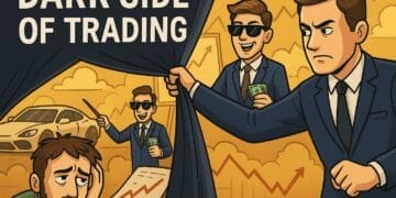 Cartoon van een zakenman die een gordijn opent en de misleiding in de tradingwereld onthult, met vrolijke nep-traders en een verdrietige belegger op de achtergrond.