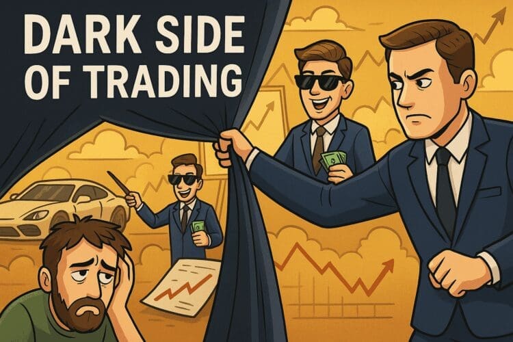 Cartoon van een zakenman die een gordijn opent en de misleiding in de tradingwereld onthult, met vrolijke nep-traders en een verdrietige belegger op de achtergrond.
