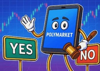 Illustratie van een cartoonachtige tablet met de tekst Polymarket op het scherm, staand tussen borden met “Yes” en “No” op een achtergrond van stijgende grafieken