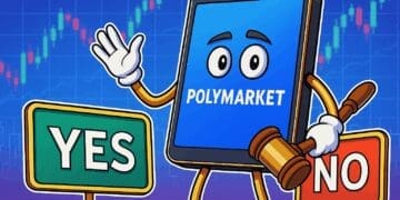 Illustratie van een cartoonachtige tablet met de tekst Polymarket op het scherm, staand tussen borden met “Yes” en “No” op een achtergrond van stijgende grafieken