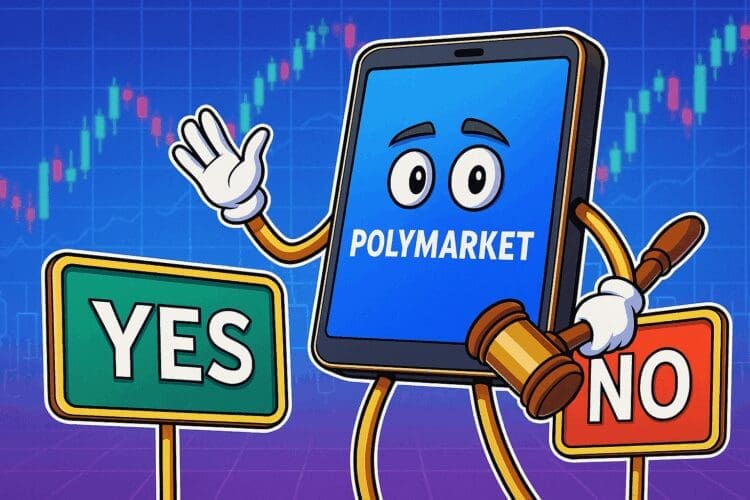 Illustratie van een cartoonachtige tablet met de tekst Polymarket op het scherm, staand tussen borden met “Yes” en “No” op een achtergrond van stijgende grafieken
