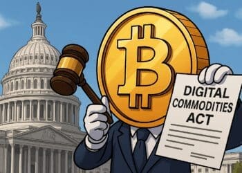 Cartoon van Bitcoin als personage dat een document met “Digital Commodities Act” vasthoudt voor het Capitool in Washington, symbool van crypto-regulering.