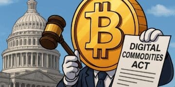 Cartoon van Bitcoin als personage dat een document met “Digital Commodities Act” vasthoudt voor het Capitool in Washington, symbool van crypto-regulering.