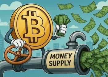 Karikatuur van een grote Bitcoin-munt die aan een geldkraan draait waaruit dollars stromen, symbool voor de stijgende wereldwijde geldhoeveelheid.