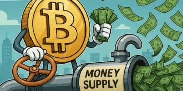 Karikatuur van een grote Bitcoin-munt die aan een geldkraan draait waaruit dollars stromen, symbool voor de stijgende wereldwijde geldhoeveelheid.