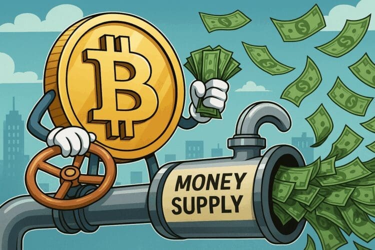 Karikatuur van een grote Bitcoin-munt die aan een geldkraan draait waaruit dollars stromen, symbool voor de stijgende wereldwijde geldhoeveelheid.