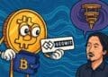 Cartoon van een Bitcoin-munt met een SegWit-bord en een analist die kwantumcomputers bespreekt