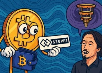 Cartoon van een Bitcoin-munt met een SegWit-bord en een analist die kwantumcomputers bespreekt