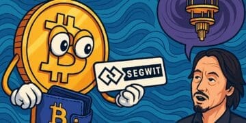 Cartoon van een Bitcoin-munt met een SegWit-bord en een analist die kwantumcomputers bespreekt