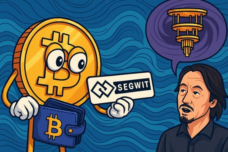 Cartoon van een Bitcoin-munt met een SegWit-bord en een analist die kwantumcomputers bespreekt