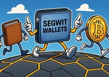 Cartoonillustratie van drie lopende crypto-wallets en een Bitcoin-munt in een blockchainlandschap die SegWit-wallets symboliseren.
