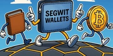 Cartoonillustratie van drie lopende crypto-wallets en een Bitcoin-munt in een blockchainlandschap die SegWit-wallets symboliseren.