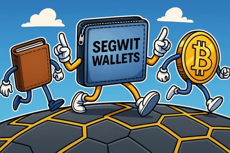 Cartoonillustratie van drie lopende crypto-wallets en een Bitcoin-munt in een blockchainlandschap die SegWit-wallets symboliseren.