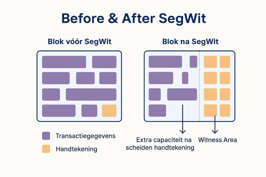 Infographic die het verschil toont tussen Bitcoin-blokken vóór en na SegWit, met gescheiden handtekeninggegevens en extra capaciteit in het blok.