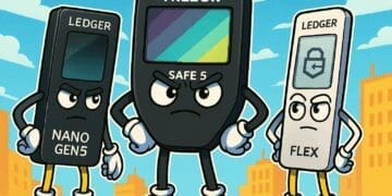 Cartoonachtige illustratie van drie hardware wallets – Ledger Nano Gen5, Trezor Safe 5 en Ledger Flex – afgebeeld als stripfiguren met digitale schilden en blockchain-achtergrond.