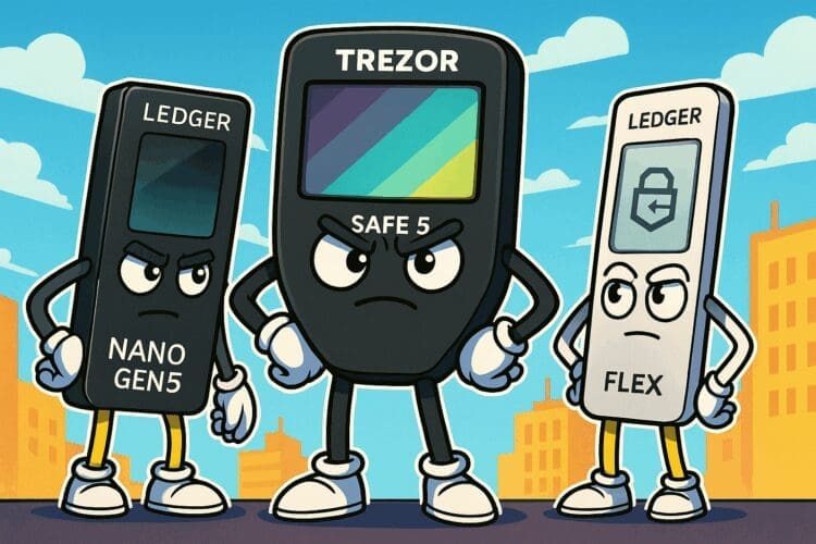 Cartoonachtige illustratie van drie hardware wallets – Ledger Nano Gen5, Trezor Safe 5 en Ledger Flex – afgebeeld als stripfiguren met digitale schilden en blockchain-achtergrond.