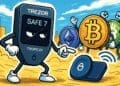 Cartoon van de Trezor Safe 7 hardware wallet als superheld die Bitcoin, Ethereum en andere munten beveiligt met draadloze technologie in een levendige crypto-stad.