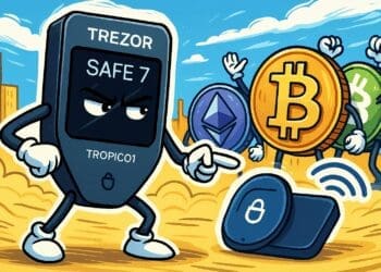 Cartoon van de Trezor Safe 7 hardware wallet als superheld die Bitcoin, Ethereum en andere munten beveiligt met draadloze technologie in een levendige crypto-stad.