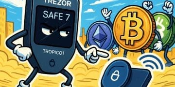Cartoon van de Trezor Safe 7 hardware wallet als superheld die Bitcoin, Ethereum en andere munten beveiligt met draadloze technologie in een levendige crypto-stad.