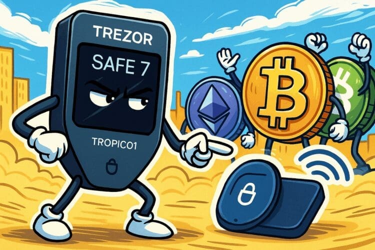 Cartoon van de Trezor Safe 7 hardware wallet als superheld die Bitcoin, Ethereum en andere munten beveiligt met draadloze technologie in een levendige crypto-stad.