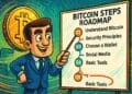 Illustratie in Cointelegraph-stijl van een gids die een Bitcoin stappenplan uitlegt met een grote Bitcoin-munt op de achtergrond en een dynamische crypto-omgeving.