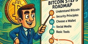Illustratie in Cointelegraph-stijl van een gids die een Bitcoin stappenplan uitlegt met een grote Bitcoin-munt op de achtergrond en een dynamische crypto-omgeving.
