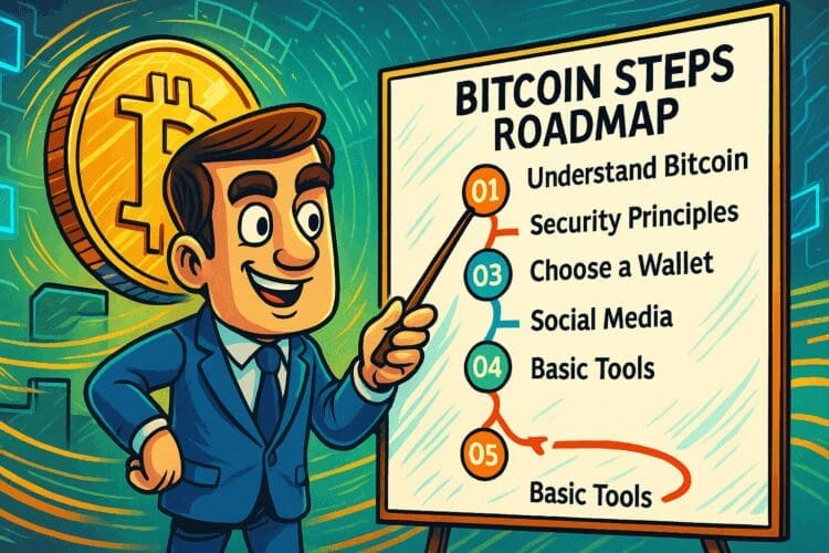 Illustratie in Cointelegraph-stijl van een gids die een Bitcoin stappenplan uitlegt met een grote Bitcoin-munt op de achtergrond en een dynamische crypto-omgeving.
