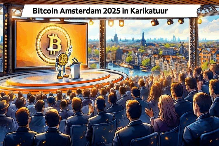 Karikatuur van Bitcoin Amsterdam 2025 met een sprekend bitcoinfiguur op het podium, publiek en Amsterdamse skyline.