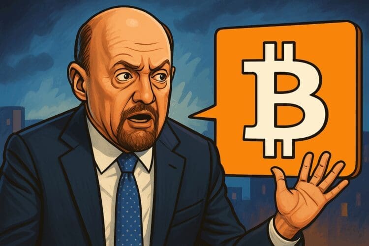 Cartoonachtige crypto-illustratie van een bezorgde man in pak die reageert op een groot oranje Bitcoin-symbool