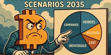 Illustratie in Cointelegraph-stijl met een karikaturale Bitcoin-figuur die wijst naar een cirkeldiagram over toekomstige Bitcoin-distributiescenario’s richting 2035.