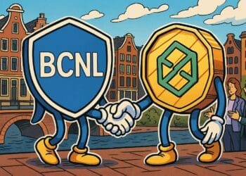 Cartoonachtige crypto-illustratie van de BCNL Foundation die handen schudt met een blockchain-token in een Amsterdamse setting, symbool voor samenwerking binnen het Nederlandse blockchain-ecosysteem.