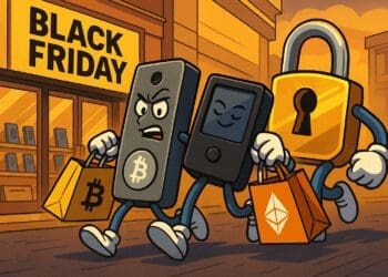 Karikatuurstijl illustratie van crypto-beveiliging met hardware wallets tijdens Black Friday
