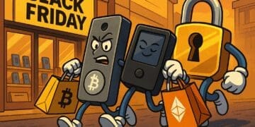 Karikatuurstijl illustratie van crypto-beveiliging met hardware wallets tijdens Black Friday