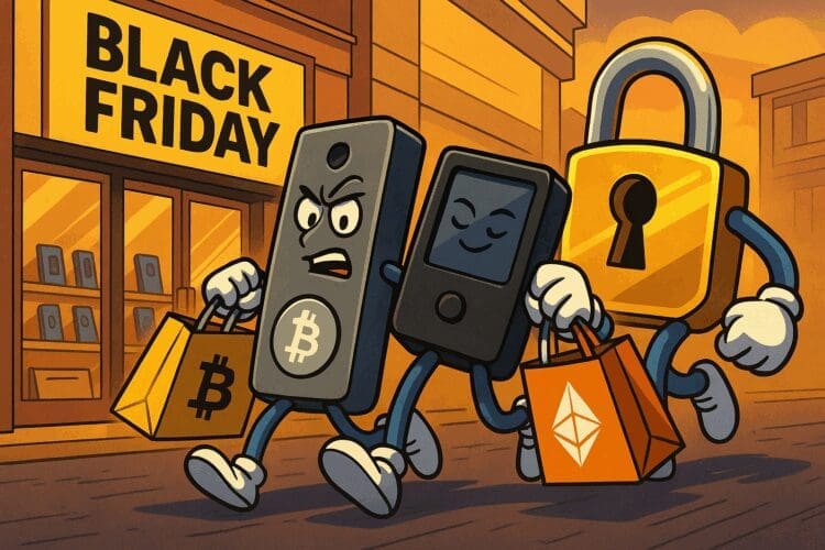 Karikatuurstijl illustratie van crypto-beveiliging met hardware wallets tijdens Black Friday