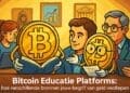 Illustratie in crypto-karikatuurstijl waarin menselijke personages samenwerken met cartoonachtige Bitcoin-figuren om verschillende educatieve platforms en leerbronnen te symboliseren.