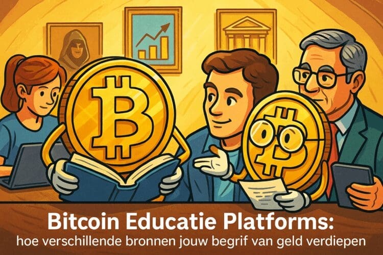 Illustratie in crypto-karikatuurstijl waarin menselijke personages samenwerken met cartoonachtige Bitcoin-figuren om verschillende educatieve platforms en leerbronnen te symboliseren.